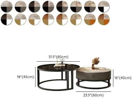 Round Nesting Coffee Table with Storage Drawer Set of 2, Modern Cocktail Table with Faux Marble Top for Living Room Small Space 31.5" Black/Grey-Gray