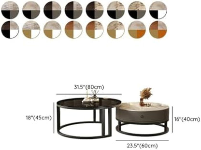 Round Nesting Coffee Table with Storage Drawer Set of 2, Modern Cocktail Table with Faux Marble Top for Living Room Small Space 31.5" Black/Grey-Gray