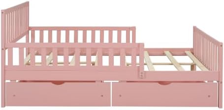 Bellemave Girls Full Bed Frame with Fences and 2 Drawers, Kids Full Platform Bed with Guardrails on Both Sides, Pink