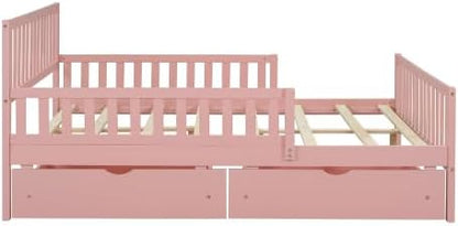 Bellemave Girls Full Bed Frame with Fences and 2 Drawers, Kids Full Platform Bed with Guardrails on Both Sides, Pink