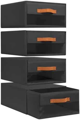 DIMJ Closet Organizers and Storage - Foldable Storage Bins with Drawers Fabric Stackable Storage Drawers with Clear Window,Fabric Clothes Organizers and Storage Drawers for Closet, 4-Pack, Black