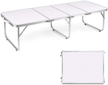 Moosinily Small Camping Table 4FT Folding Picnic Table Foldable Low Camp Table Portable Short Aluminum Outdoor Short Floor Beach BBQ Travel White 47.2×15.7 inch