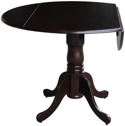 IC International Concepts, 42" Round Dual Drop Leaf Pedestal Dining Table, Solid Real Wood, Sturdy Parawood, Rich Mocha