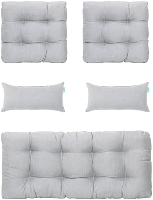 Outdoor Wicker Cushion Set of 5 - Waterproof Fade Resistant Patio Furniture Cushions, Loveseat 2 U-Shape 2 Lumbar Pillows for Porch, Bench, Backyard, Garden, Gray,White