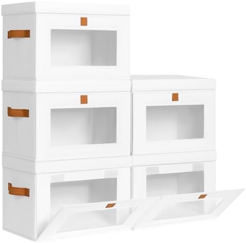 Medium Fabric Storage Bins - Closet Shelf Organizer with Open Window, 5 Pack Closet Baskets for Shelves, Stackable Decorative Boxes for Home, Dorm, White, 13.7" x 9.8” x 9.8"