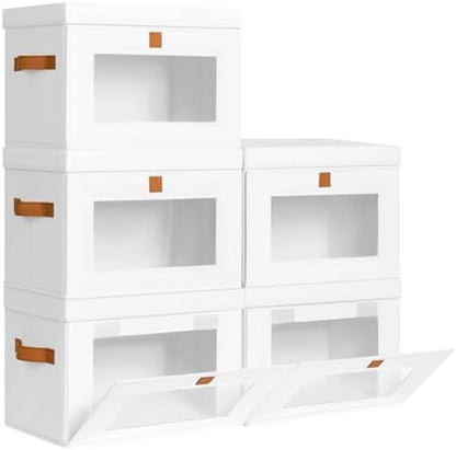 Medium Fabric Storage Bins - Closet Shelf Organizer with Open Window, 5 Pack Closet Baskets for Shelves, Stackable Decorative Boxes for Home, Dorm, White, 13.7" x 9.8” x 9.8"