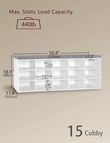 Shoe Storage Bench with Cushion, 15-Cubby Shoe Rack with Seat