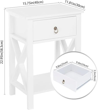 Bonnlo White Nightstand, Small Nightstand with Drawer & Shelf, Farmhouse Night Stand Bedroom, End Table/Bedside Table/White Side Table w/Rustic Handle for Small Spaces, Dorm, Kids Room, Living Room
