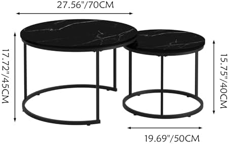27.6" Round Nesting Coffee Table Set of 2, Black & Black Marble