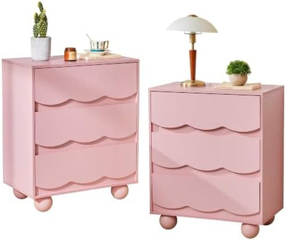 Pink Scalloped 3 Drawer Nightstand Set of 2 for Bedroom Dorm