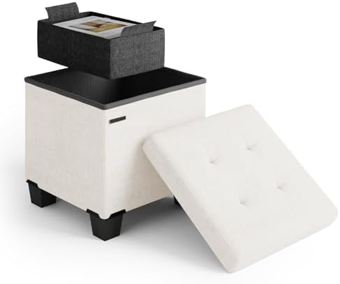 Storage Ottoman Cube with Small Bin, 15-in Square Ottoman with Storage for Living Room and Bedroom, Small Ottomans Foot Rest, Fabric Foot Stools Ottomans Max 330lbs, Cream