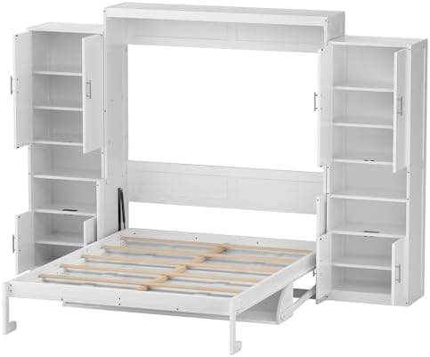 PVWIIK Queen Size Murphy Bed with Drawers & Desk,Charging Station & Storage Shelf for Small Space,Bedroom,Guest Room,Hidden Wall Bed Frame Folding into Cabinet Design,White