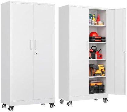 SISESOL 75" Tall White Metal Storage Cabinet with Wheels and Shelves