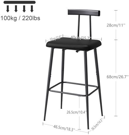 Black Bar Stool Set of 2,Tall Meta Black Barstools,Counter Bar Height Stool