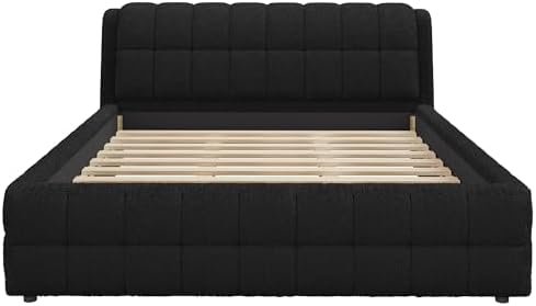 King Size Upholstered Platform Bed, Berber Fleece Bed Frame with Foam Headboard, Wood Slat Support for King Mattress, Modern Boucle Platform Bed for Master Bedroom, No Box Spring Needed, Black