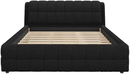 King Size Upholstered Platform Bed, Berber Fleece Bed Frame with Foam Headboard, Wood Slat Support for King Mattress, Modern Boucle Platform Bed for Master Bedroom, No Box Spring Needed, Black