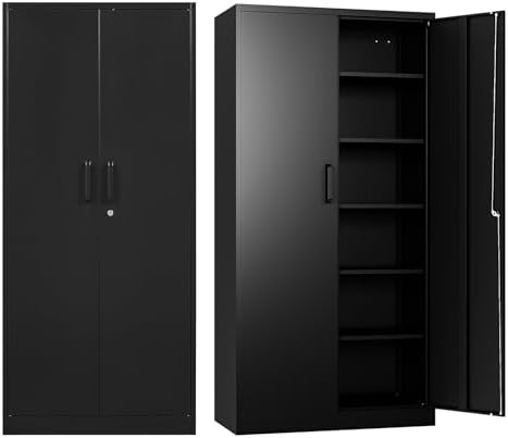 BYNSOE 72" Metal Garage Storage Cabinet with Locking Doors, 5 Adjustable Shelves and Leveling Feet, Steel Cabinet for Garage, Workshop and Home Office, Black