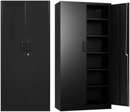 BYNSOE 72" Metal Garage Storage Cabinet with Locking Doors, 5 Adjustable Shelves and Leveling Feet, Steel Cabinet for Garage, Workshop and Home Office, Black