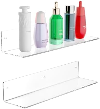 16 Inches Clear Acrylic Shelves, Wall Mounted Organizer Shelves for Bedroom, Clear Wall Storage Shelves for Cosmetics, Skincare, Router, Doll, Toiletries, Helmets, 2 Pack