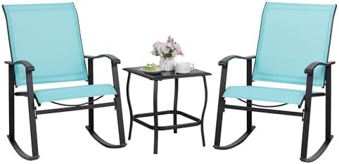 Shintenchi 3 Piece Rocking Bistro Set, Outdoor Furniture with Rocker Chairs and Glass Coffee Table Set of 3, Balcony, Porch Furniture for Small Space, Blue