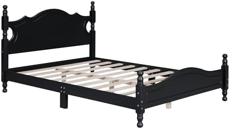 Merax Vintage Wood Platform Bed Frame with Cruved Headboard,Full, Black