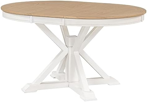 Knocbel Extendable Dining Table, 42"-54" Length Retro Solid Wood Table with X-Shaped Base and Butterfly Leaf for Dining Room Kitchen, Oak Natural + Off White