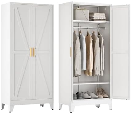 71" Metal Armoire Wardrobe Closet with Hanging Rod, White-X 2 Shelves