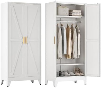 71" Metal Armoire Wardrobe Closet with Hanging Rod, White-X 2 Shelves