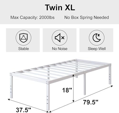DiaOutro 18 Inch White Twin XL Bed Frame Heavy Duty Metal Platform