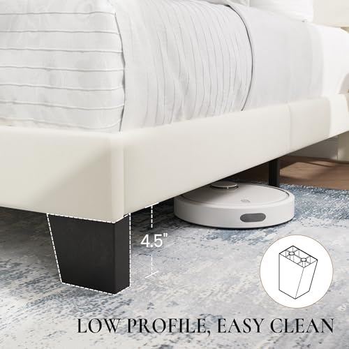 SHA CERLIN Full Platform Bed Frame with Upholstered Velvet Headboard, Cream