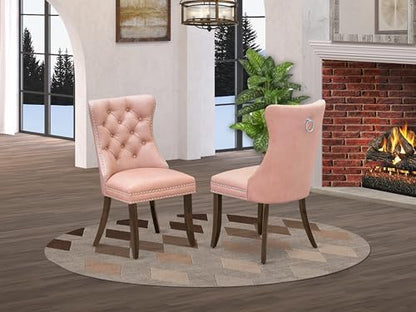 East West Furniture DAP8F23 Dallas Parson Dining Room Chairs - Button Tufted Nailhead Beige Red Faux Leather Upholstered Chairs, Set of 2, Antique Walnut
