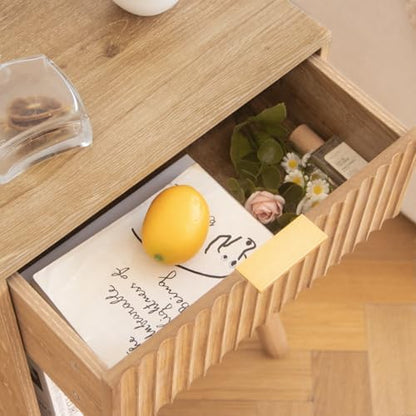 Wood Nightstand with Charging Station, Fluted Bedside Table