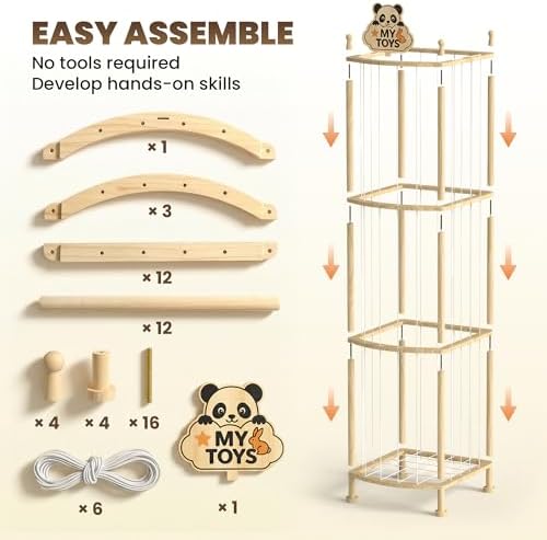Stuffed Animal Storage Organizer, Wooden Toy Storage Organizer & Plush Storage Tower with Elastic Cords, Stuffed Animal Zoo for Kids Bedroom, Playroom & Nursery, Solid Pine, 15.7 x 15.7 x 53.5 In