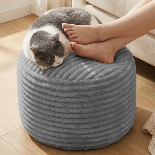 Corduroy Round Pouf Ottoman Foot Rest 20x15 Foam Filled Stool Gray