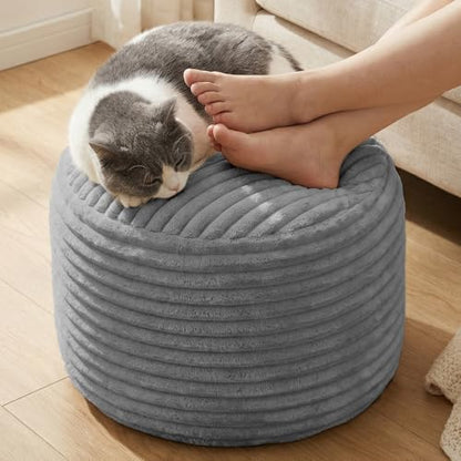 Corduroy Round Pouf Ottoman Foot Rest 20x15 Foam Filled Stool Gray