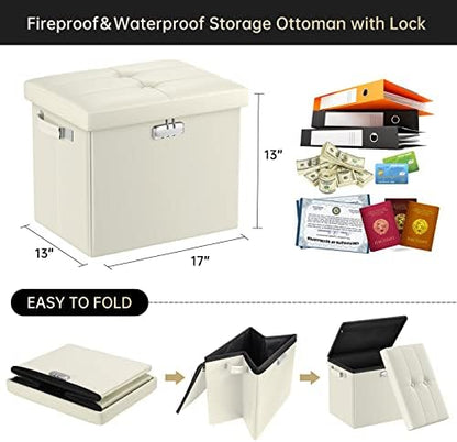 DocSafe Storage Ottoman with Lock,Fireproof＆Waterproof 17 Inches Folding Storage Box with Handles Safe for Important Documents,Leather Storage Ottoman Storage Chest for Living Room,Bedroom,Beige