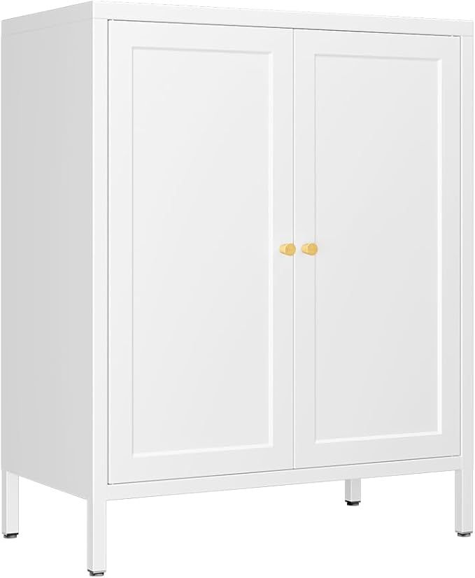 Metal Accent Storage Cabinet for Home, LivingRoom,Office,Kitchen- Metal Locker Cabinet with 1 Adjustable Shelves-Bathroom Floor Storage Cabinet Freestanding Organizer(Square Door, White)