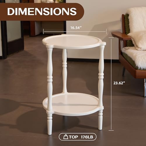 Accent Wood End Table, 2-Tier Round Bedside Table, Natural Side Table Nightstand for Family, Bedroom, Living Room, Handcrafted Finish, White