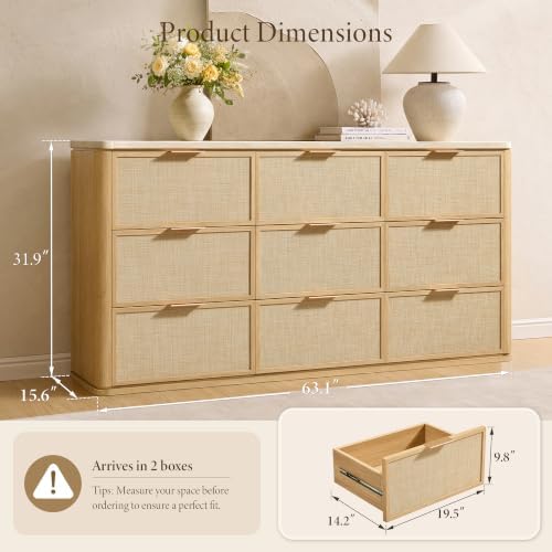 Rattan Dresser for Bedroom, 63'' Wide 9 Drawer Dresser