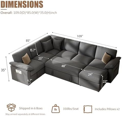 L Sleeper Sofa, 109" Modular Sectional Sofa with Pull Out Bed, Dark Gray