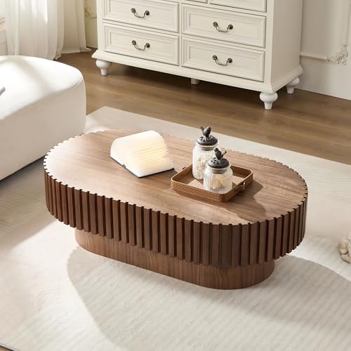 44" Handcraft Drum Oval Wooden Coffee Table with Sturdy MDF Pedestal, Modern Style Solid Wood Relief Coffee Table, Easy Assembly, for Living Room, Bedroom, Reception Room, Walnut