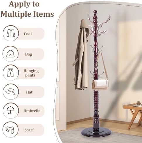Wooden Coat Rack Freestanding with Round Base, 18 Hooks, Walnut-m