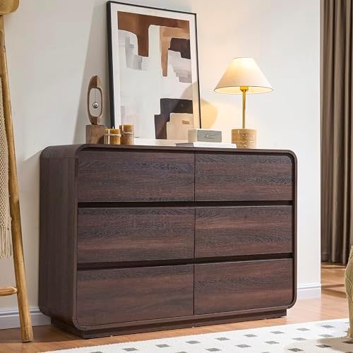 Walnut 6 Drawer Dresser, Curved Chest of Drawers for Bedroom, 47 Inch Wide Dresser with Deep Drawers, Modern Drawer Closet for Bedroom, Living Rooms, Offices