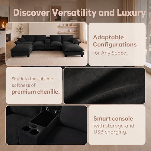 143.3" Oversized Sectional Couches with Cup Holder & USB Port, 4 Seat U-Shape Boneless Couch with 2 Ottomans & Pillows, Chenille Modern Cloud Black Sofa for Living Room, Apartment