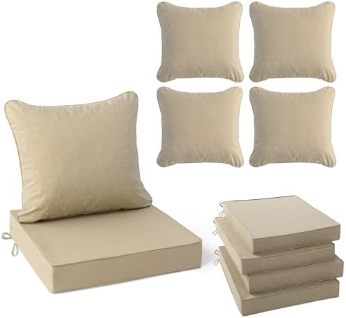 Outdoor Chair Cushions Set of 4, Faux Linen Patio Furniture Cushions, Water Resistant Backrest and Seat Cushion Set with Ties, Removable Cover, Non-Slip Bottom, 19 x 19 Inch, Nature