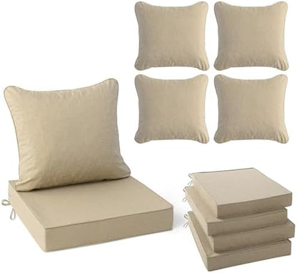 Outdoor Chair Cushions Set of 4, Faux Linen Patio Furniture Cushions, Water Resistant Backrest and Seat Cushion Set with Ties, Removable Cover, Non-Slip Bottom, 19 x 19 Inch, Nature