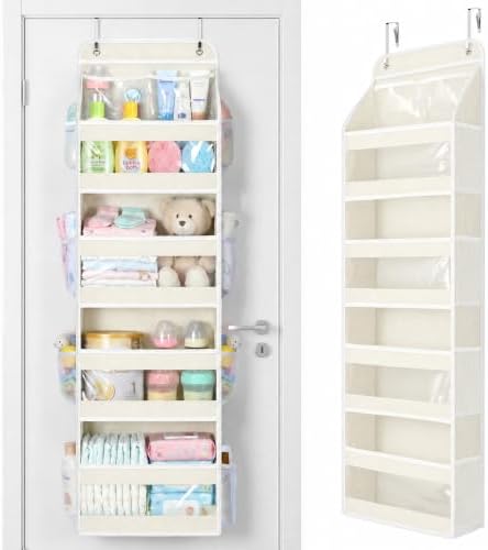 Yecaye 5 Tier Over the Door Organizer, Swing-proof Door Organizer Hanging with Clear PVC Windows, Behind the Door Storage for Bedroom Nursery Closet Laundry Pantry Bathroom, Cream White