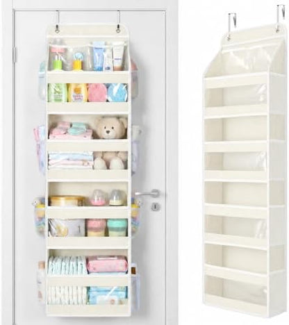Yecaye 5 Tier Over the Door Organizer, Swing-proof Door Organizer Hanging with Clear PVC Windows, Behind the Door Storage for Bedroom Nursery Closet Laundry Pantry Bathroom, Cream White