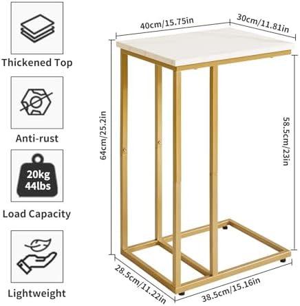 Aibiju Small Side Tables C Shaped, End Table, Small Table Stand for Living Room Bedroom, Little Bedside Table Faux Marble+Gold YD-TM051G