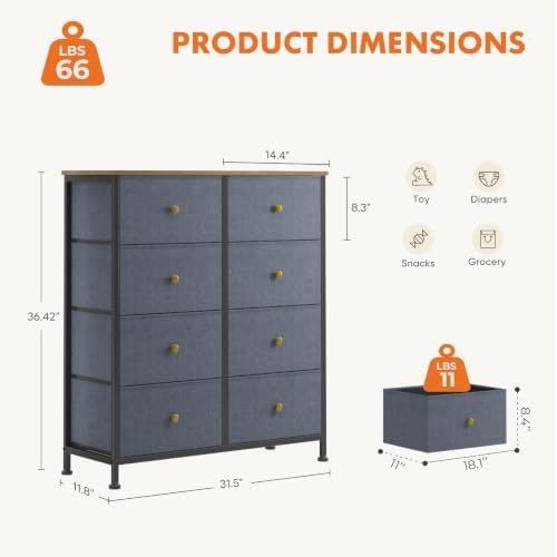 Sweetcrispy 8 Drawer Dresser for Bedroom, Organizer Storage Drawers, Blue